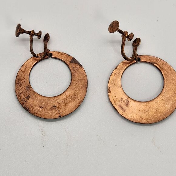 Retro OOAK Copper Enamel Clip On Earrings Moon Geometric Shape w Glass Frit MCM - Picture 3 of 10